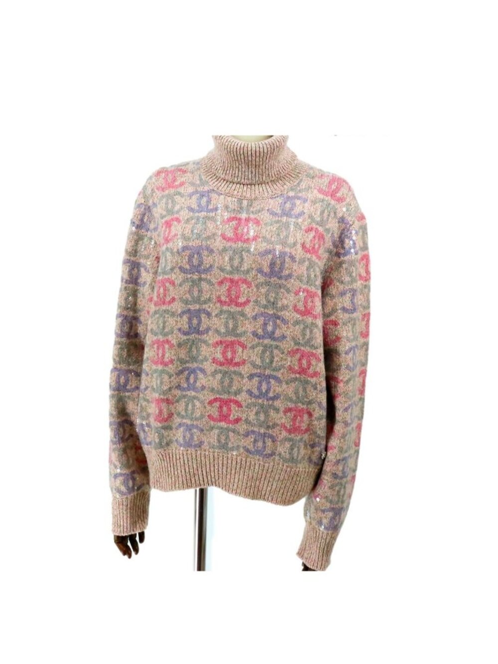 Chanel Sweater Pink Cashmere CC Logo Sequin Knit Turtle Neck Top 38